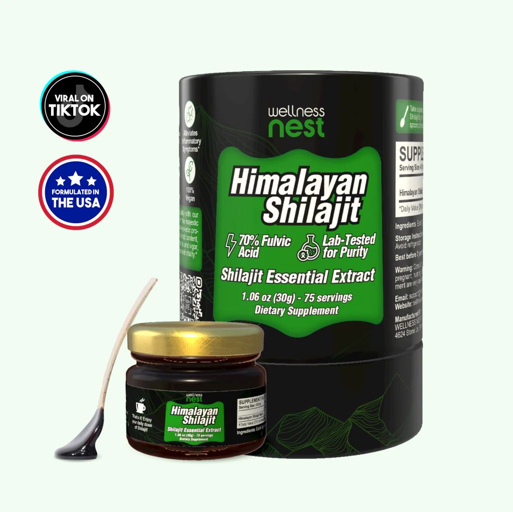 Wellness Nest Himalayan Shilajit Harz mit Verpackung und Messlöffel